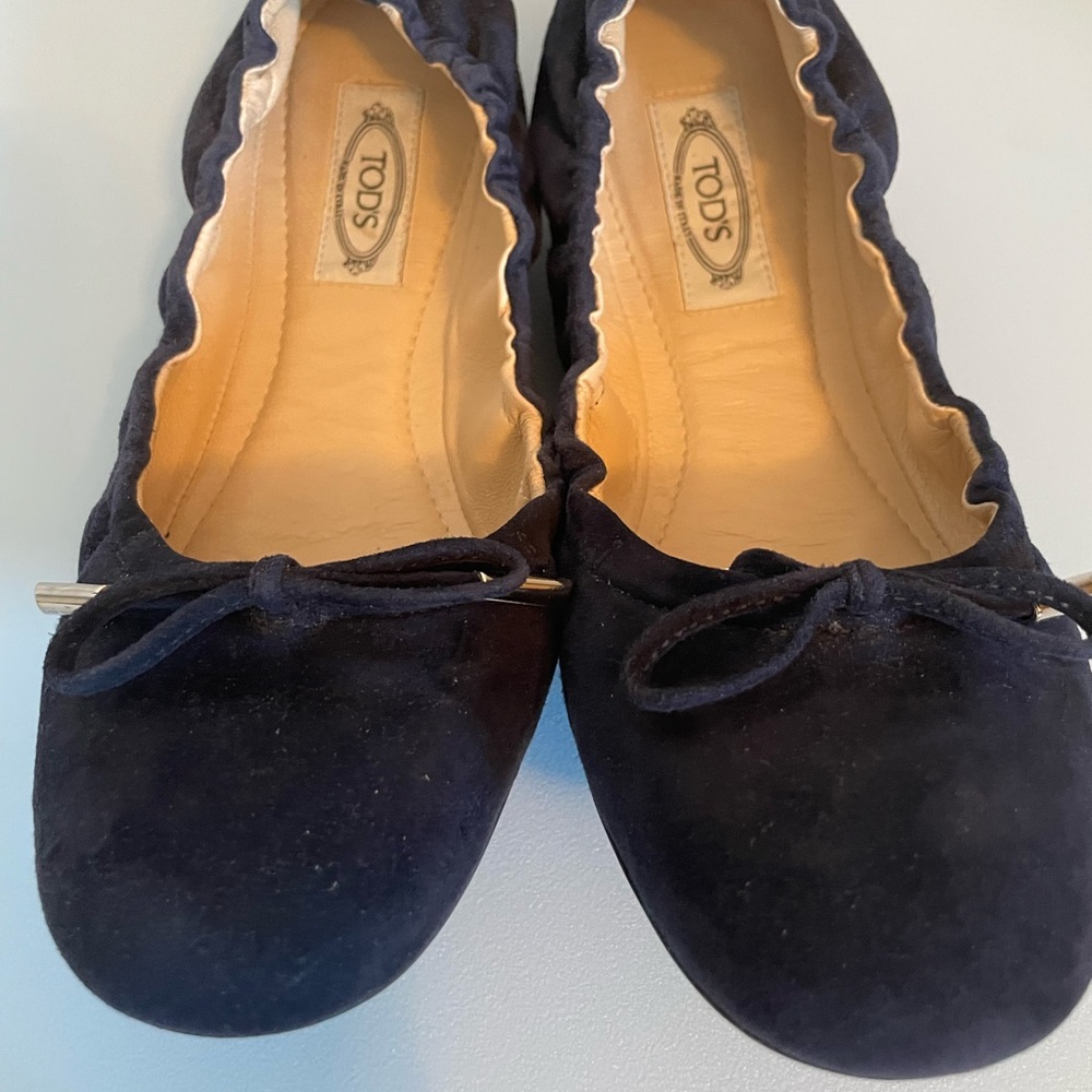 Tod's Navy Suede Ballet Flats with Bow